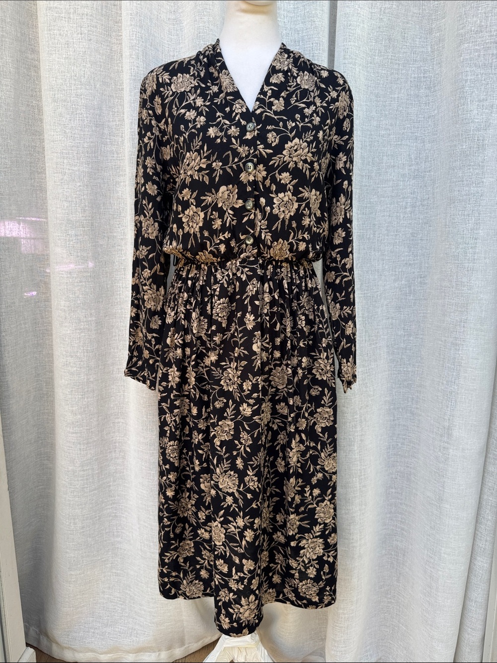 Marks & Spencer long-sleeve midi button-down black brown floral dress